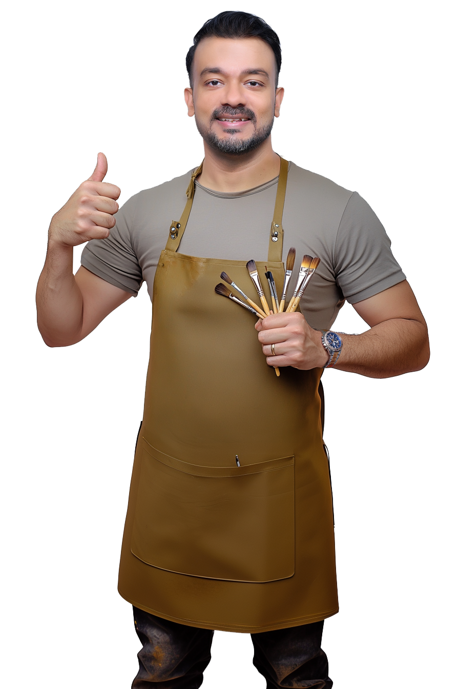 Pulak Paul wearing an artist apron